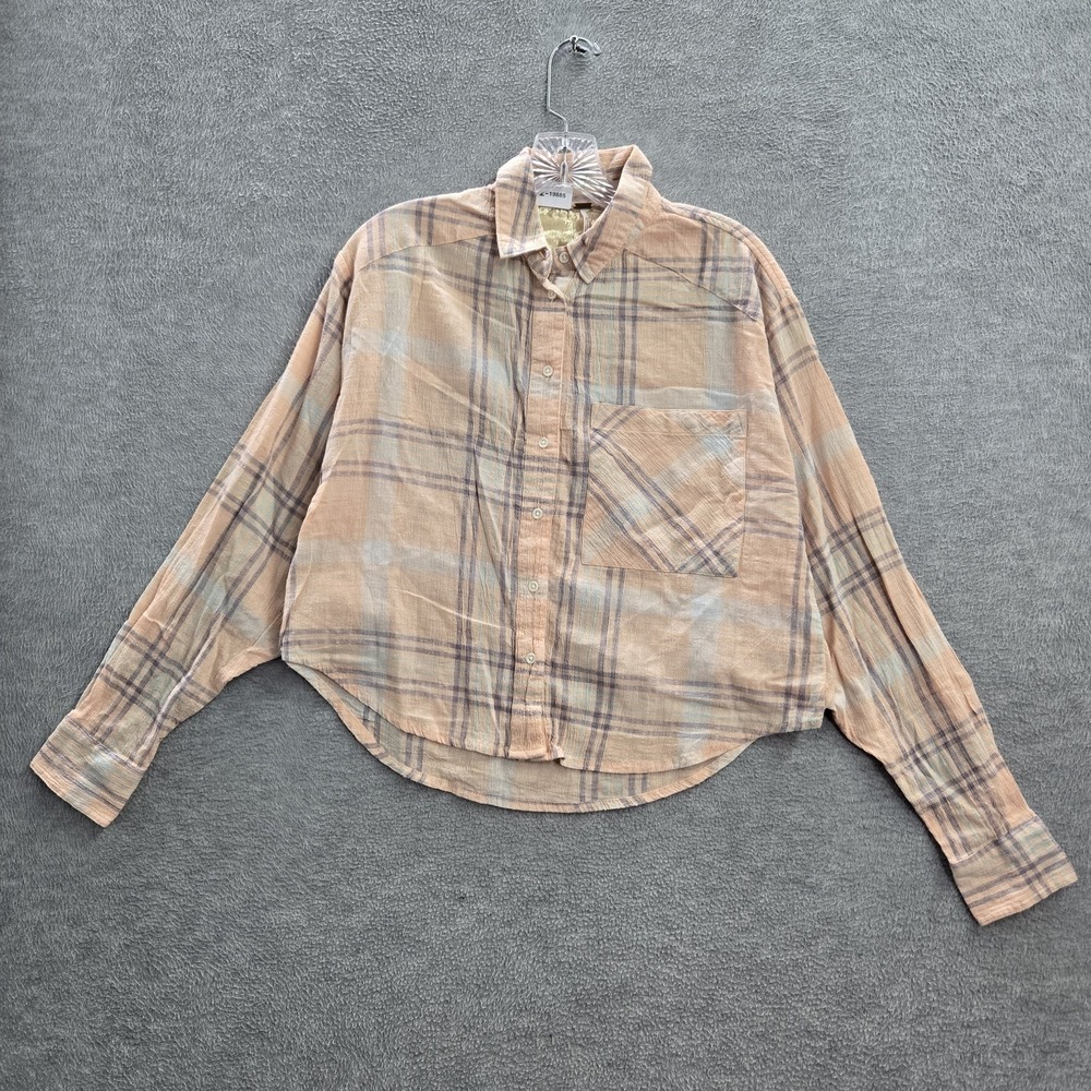 Free People Women Button Up Shirt XS Orange Plaid Cropped Dolman Sleeve‎ Collar